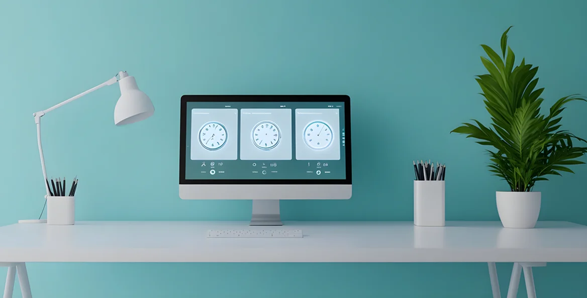 Computer screen on desk with three timers on screen.