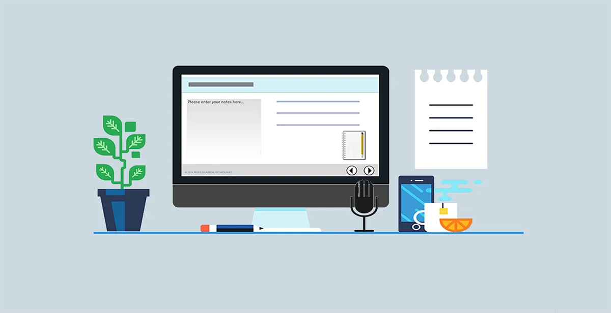 Scematic of desktop showing screen, notepad and microphone.