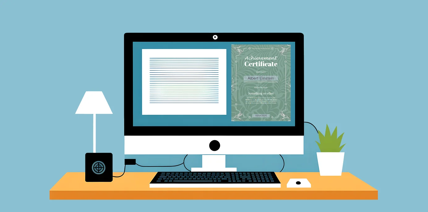 Schematic of computer screen with certificate on screen.