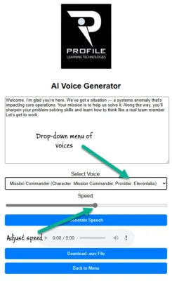 Screen image of AI voice Generator with drop-down menu.