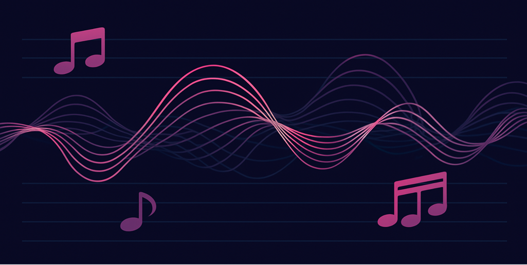 Sound waves intermixed with musical notes on a score.