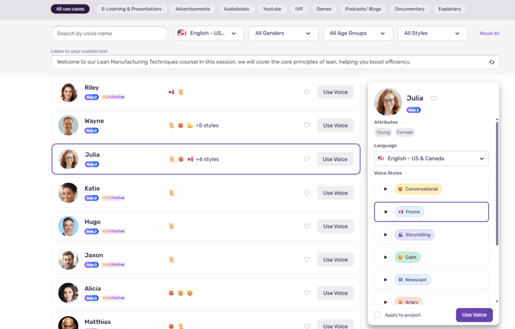 Example screen showing selection of voice styles