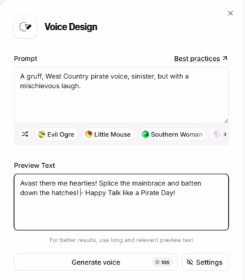 Screen shot showing Create Voice dialogue in Eleven Labs.