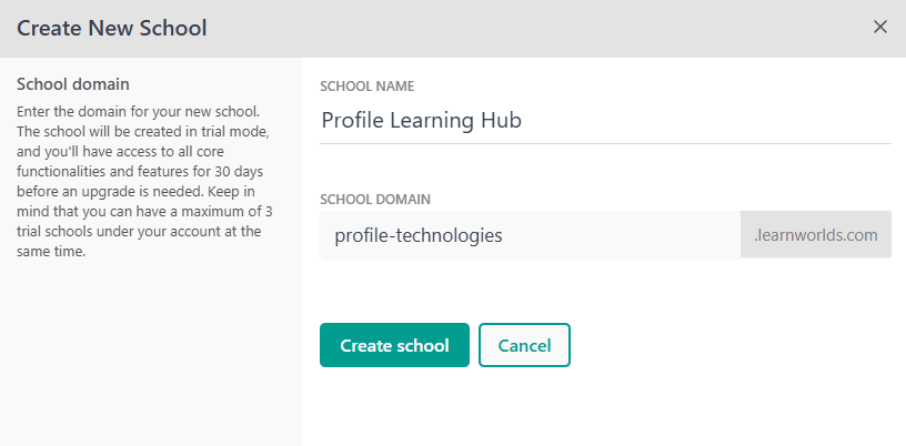 Screen showing 'Create New School' dialogue.