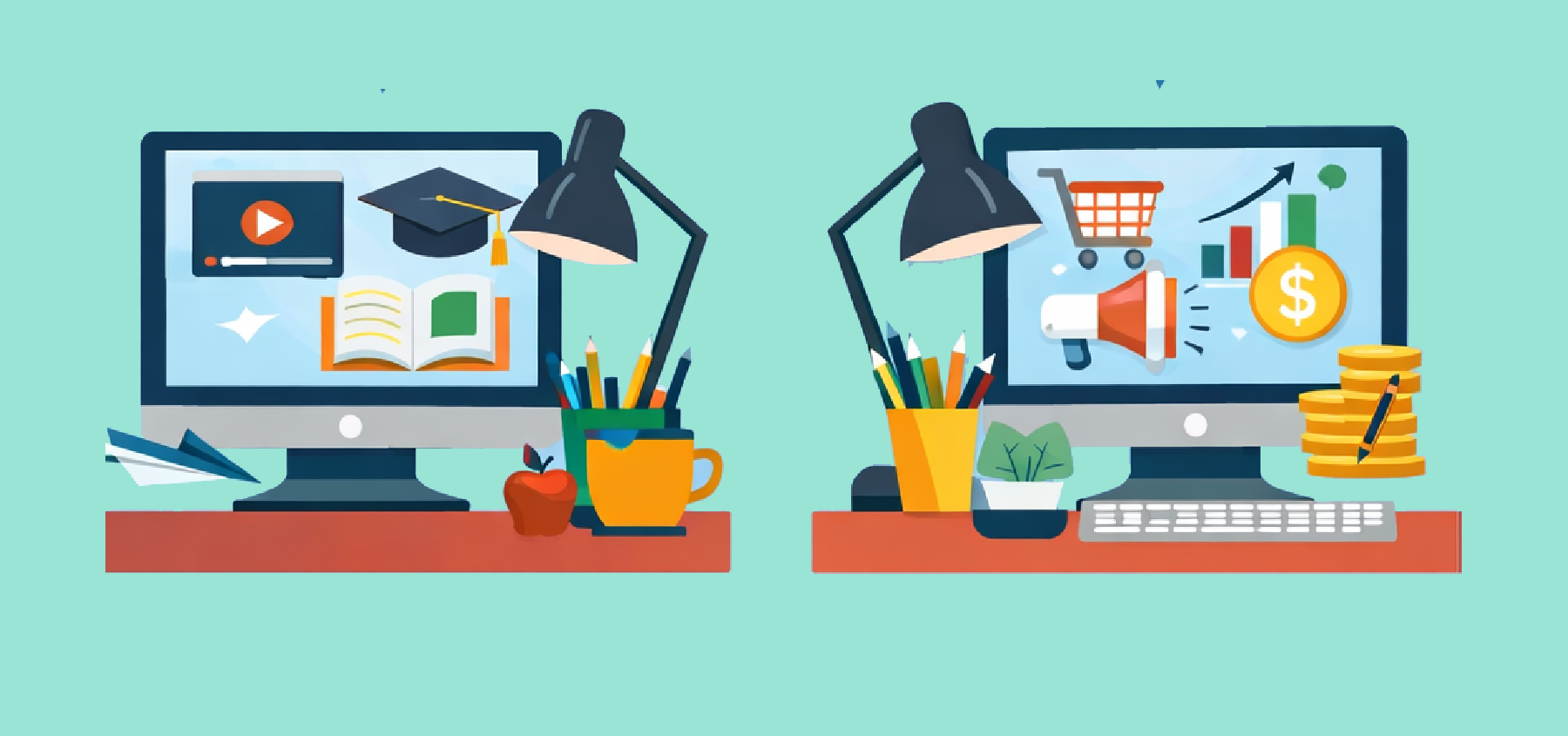 Schematic showing two computer screens one with training icons the other with sales icons.